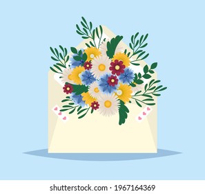Flowers in envelope. Mail for you. Spring background. Gift fot her. Envelope with spring flowers. Mother s day or Valentine greeting card. Floral greeting message. vector illustration.