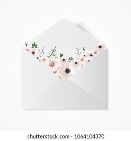 Flowers in envelope on the white background. Opened envelope with flowers.
