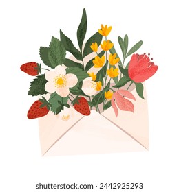 Flowers. Envelope. Plants. Vector illustration of an envelope with flowers for Mother's Day. Greetings for the holiday