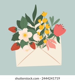 Flowers. Envelope. Plants. Vector illustration of an envelope with flowers for Mother's Day. Greetings for the holiday	