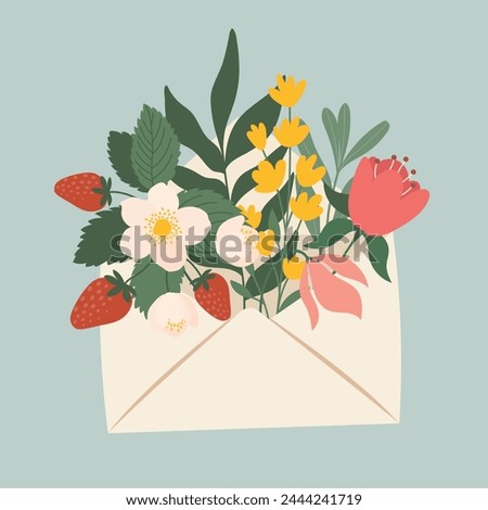 Flowers. Envelope. Plants. Vector illustration of an envelope with flowers for Mother's Day. Greetings for the holiday	