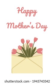Flowers in an envelope. Postcard with tulips for mom. Happy mothers day greeting text. Vector illustration. Isolated element on a white background.