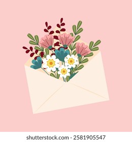 Flowers in envelope. Template postcard for Valentines Day, Mothers Day, Womens Day, Birthday. Vector illustration