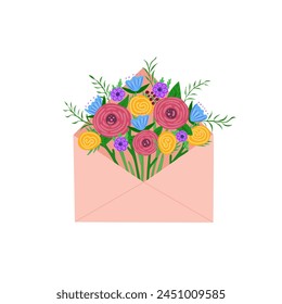 Flowers in the envelope. Vector Illustration for printing, backgrounds, covers and packaging. Image can be used for greeting cards, posters, stickers and textile. Isolated on white background.