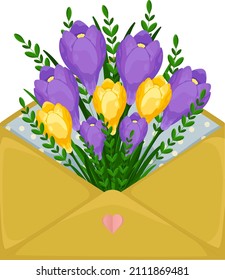 Flowers in an envelope, a vetory illustration. Bouquet of flowers in yellow convetrt. No background.