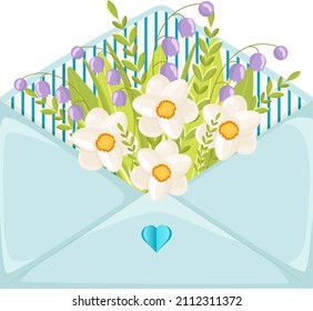 Flowers in an envelope, a vetory illustration. Bouquet of flowers in blue convetrt. No background.