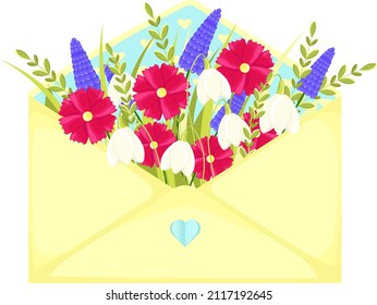 Flowers in an envelope, a vetory illustration. Bouquet of flowers in blue convetrt. No background.