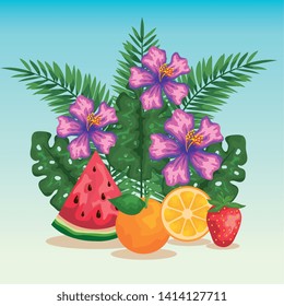 flowers with exotic fruits and tropical leaves