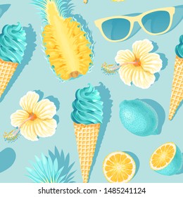 Flowers and exotic fruits vector seamless pattern