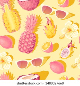 Flowers and exotic fruits vector seamless pattern