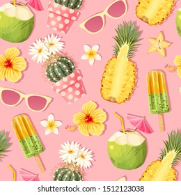 Flowers and exotic fruits vector seamless pattern