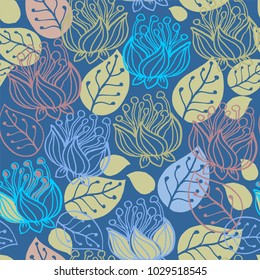 Flowers, exotic ornament in brown, beige, blue and light blue colors the seamless pattern on blue background.