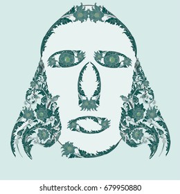 Flowers Face. Exotic Tropical Design Pattern. Flowers Silhouette Head of Man.