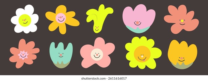 flowers with faces set in doodle style in vector. Element for poster sticker design logo decoration prints mascot card