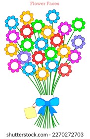 Flowers faces, spring board bulletin. Gift students, employees colorful bundle daisy, camomile. Behavior garden. With bow, fold, logo area. Editable group of people. Reading panel. Illustration vector