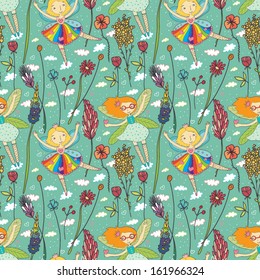 flowers and fairies blue seamless pattern