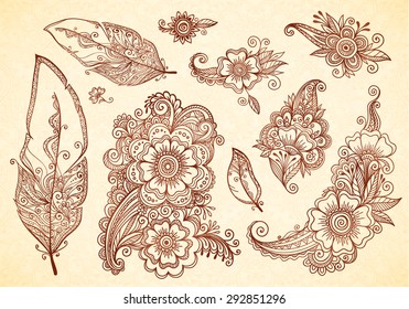 Flowers And Feathers Henna Tattoo Vector Designs Set