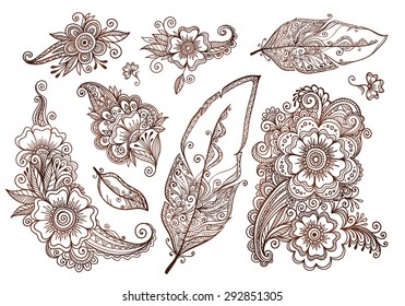 Flowers and feathers mehndi style vector designs set