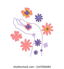 Flowers feminine mental health design. Naive groovy retro flowers hand inspirational sticker. Psychology awareness handwritten positive self-care inspirational quote.