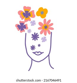 Flowers feminine mental health woman face line art. Naive groovy retro flowers inspirational stickers. Psychology awareness handwritten positive self-care inspirational quote.