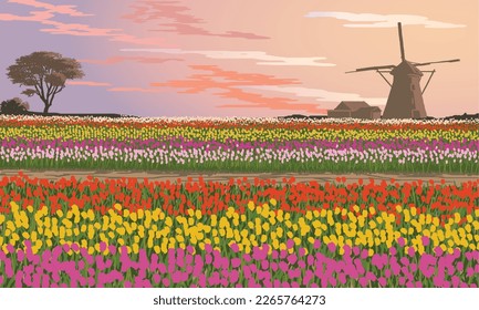 Flowers Field Panorama in vector illustration isolated, eps