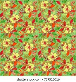 Flowers. Field plants. Grassy pattern. Flower repeating pattern. Composition of lovely flowers, leaves and bunches. Elegant background with a floral pattern.