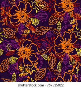 Flowers. Field plants. Grassy pattern. Flower repeating pattern. Composition of lovely flowers, leaves and bunches. Elegant background with a floral pattern.