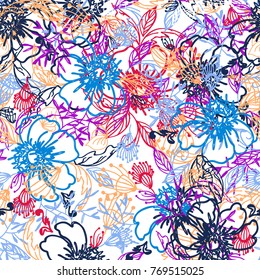 Flowers. Field plants. Grassy pattern. Flower repeating pattern. Composition of lovely flowers, leaves and bunches. Elegant background with a floral pattern.