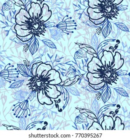 Flowers. Field plants. Grassy pattern. Flower repeating pattern. Composition of lovely flowers, leaves and bunches. Elegant background with a floral pattern.