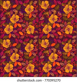 Flowers. Field plants. Grassy pattern. Flower repeating pattern. Composition of lovely flowers, leaves and bunches. Elegant background with a floral pattern.