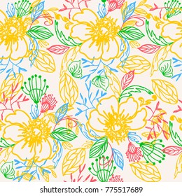 Flowers. Field plants. Grassy pattern. Flower repeating pattern. Composition of lovely flowers, leaves and bunches. Elegant background with a floral pattern.