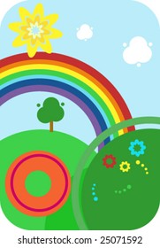 flowers field with a rainbow and sun