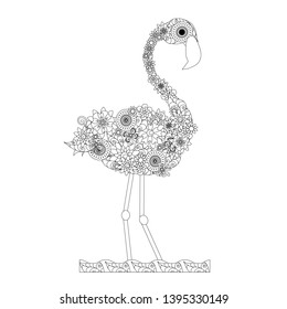 Flowers flamingo coloring book antistress stock vector illustration for antistress page, for web, for print