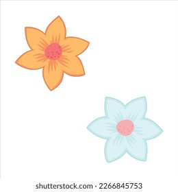 Flowers in flat, cartoon style. Yellow and blue flowers with pink middle. Elements for Mother's Day cards, posters, designs. World Women's Day. The holiday of spring, birthday
