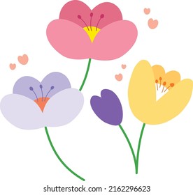 Flowers in flat dashing style. Vector Illustration isolated on white background, decor greeting card.