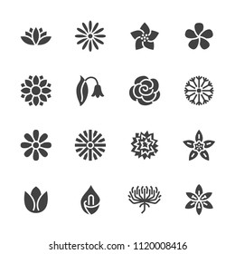 Flowers flat glyph icons. Beautiful garden plants - chamomile, sunflower, rose flower, lotus, carnation, dandelion, violet blossom. Signs for floral store. Solid silhouette pixel perfect 48x48.