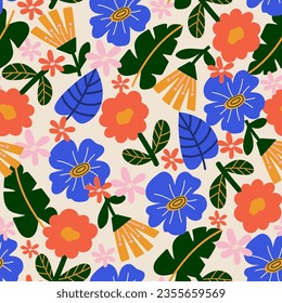 Flowers flat hand drawn color vector seamless pattern. Seamless abstract background. Colorful stylish floral.
