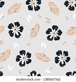 Flowers flat hand drawn seamless pattern. Blooming black and white poppies vector wrapping paper. Palm leaves textile ornament. Floral vector backdrop in scandinavian style. Summer nature 