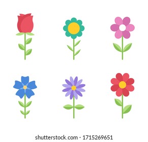 Flowers Flat Icons. Color Vector Illustration. Different Flowers With Green Leaves Vector Illustration. Logo Symbols For Ui Design And Business Promotion