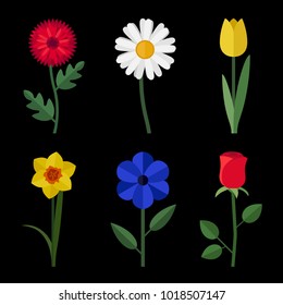 Flowers flat icons on black background. Simple illustration of garden flowers.