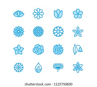 Flowers flat line icons. Beautiful garden plants - chamomile, sunflower, rose flower, lotus, carnation, dandelion, violet blossom. Thin signs for floral store. Pixel perfect 48x48. Editable Strokes