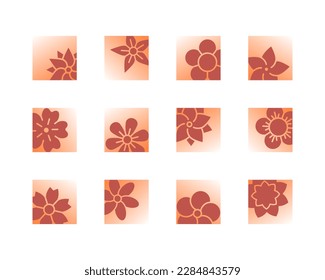 Fijación de iconos de línea plana de flores. Hermosas plantas de jardín - tulipán, camomila, girasol, rosa, clavel. Iconos aislados en el fondo blanco, para el sitio web y la aplicación