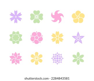 Jeu d'icônes à trait plat de fleurs. Belles plantes de jardin - tulipe, camomille, tournesol, rose, oeillette. Icônes isolées sur fond blanc, pour le site web et l'application