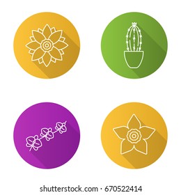 Flowers flat linear long shadow icons set. Lotus, daffodil, orchid, branch, cactus in flowerpot. Vector outline illustration