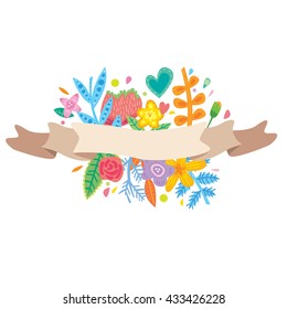 Flowers in flat ribbon label