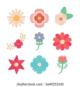 Flores diseño de conjunto de iconos de estilo plano, decoración de jardín adornado con plantas florales y tema botánico Ilustración vectorial