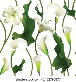 Flowers. Floral background. Callas. Lilies. White. Green leaves. Seamless pattern.