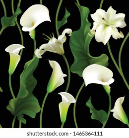 Flowers. Floral background. Callas. Lilies. White. Green leaves. Seamless pattern. Dark background.