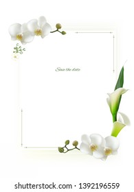 Flowers. Floral background. Callas. White orchids. Green leaves.