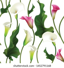 Flowers. Floral background. Callas. White. Pink. Green leaves. Seamless pattern.